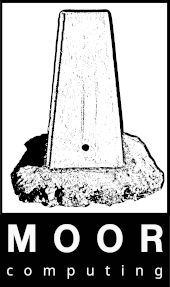 A stylised black and white image of a triangulation marker and the words Moor Computing